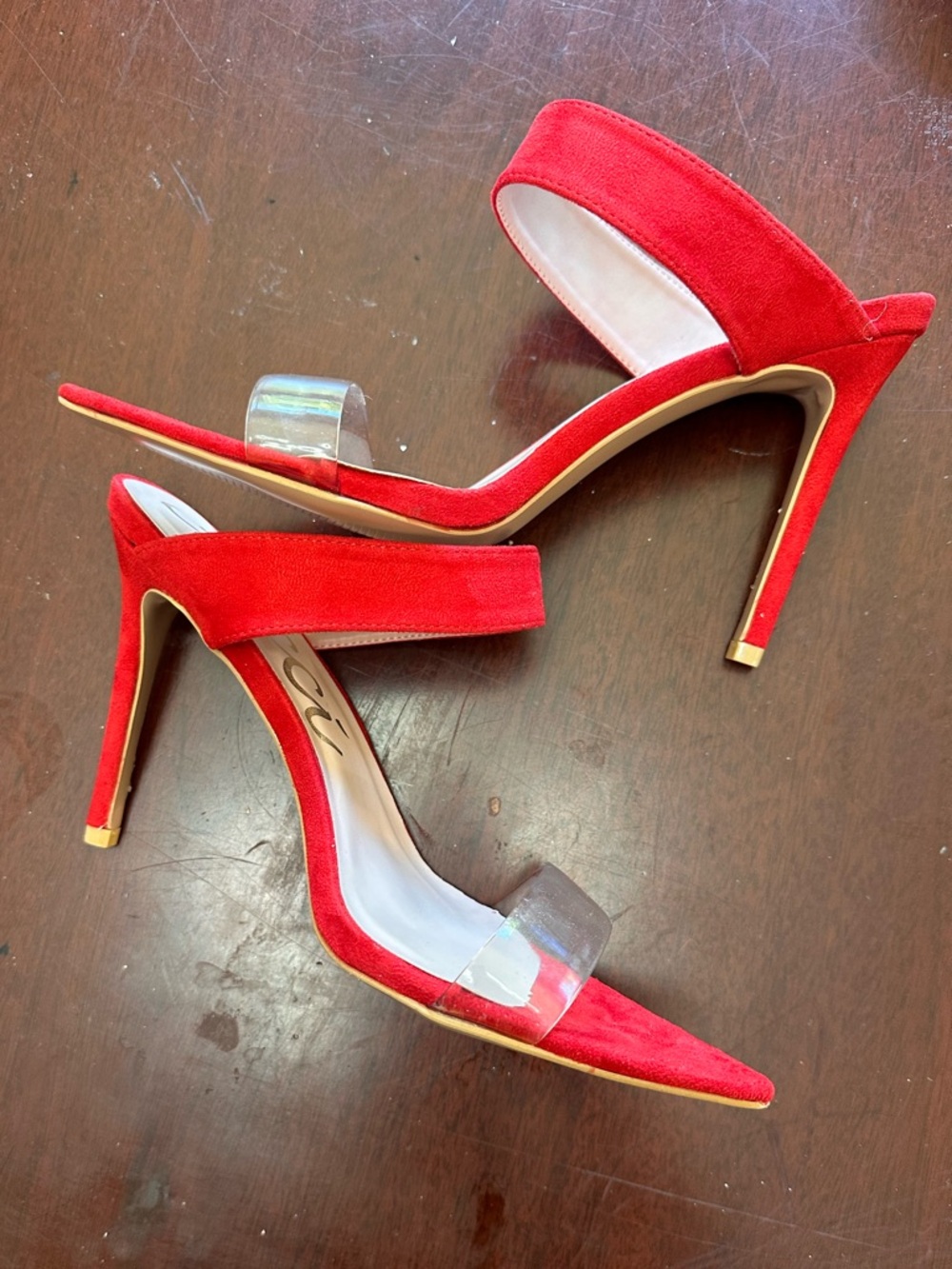 Red Women's Pointed Toe Heels with Clear Strap - Picture 8 of 8